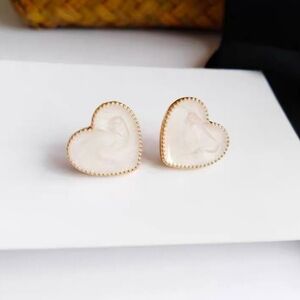White Resin Heart Stud Earrings Dainty Gold Trim Minimalist Jewelry